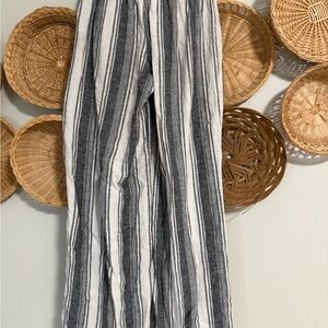Striped Linen-Blend Wide Leg Pants - Black & White